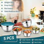 TeamFar Mixing Bowl Set of 5, Stainless Steel 4.5/3/1.5/1/0.7 QT Metal Nesting Salad Bowls with Lids, Ideal for Mixing Serving Tossing, Non-Toxic & Sturdy, Airtight Lid & Easy Clean, Blue