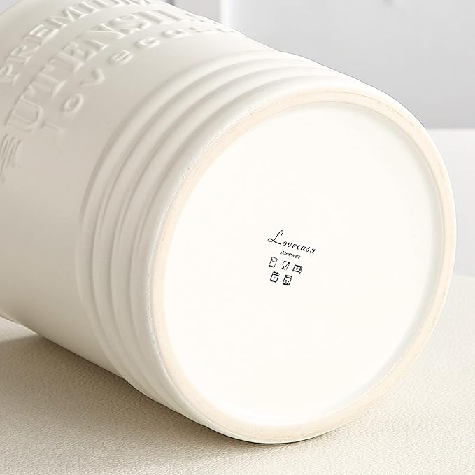 LOVECASA Vintage Utensil Holder for Kitchen Countertop, 7.2” Large Ceramic Utensil Crock for Home Décor, Farmhouse Utensil Vase for Housewarming, Wedding, Birthday Gift - Cream White