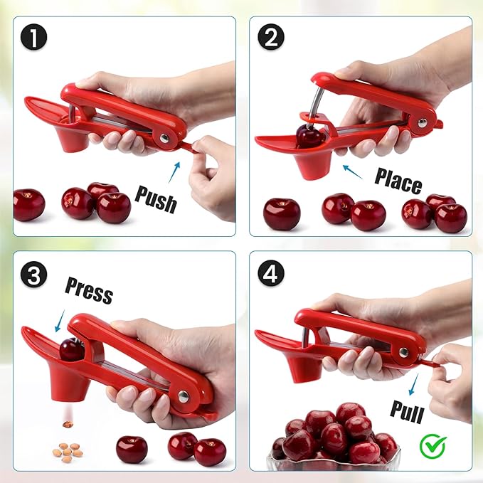 SCHVUBENR Cherry Pitter Tool - Stainless Steel Cherry Corer Pitter with Ergonomic Push Design - Easy to Use for Making Cherry Jam - Pit Cherry with Ease, Saving Time & Space with Lock Design(Red)