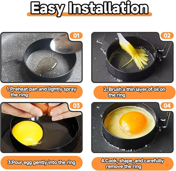 4 Pack Egg Ring Compatible with Blackstone Griddle, 3.5" Egg Rings with Silicone Handle, Round Nonstick Metal Eggs Molds for Frying Eggs, Portable Grill Accessories for Breakfast Omelette Sandwich