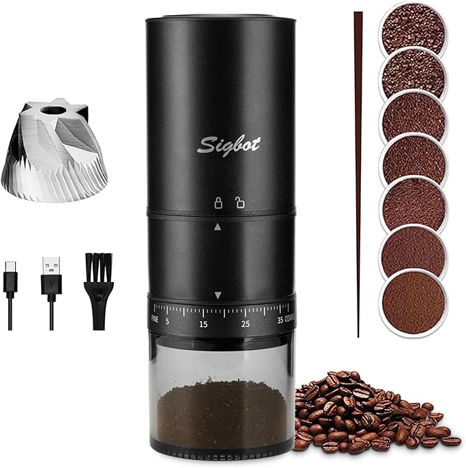Portable Electric Coffee Grinder - 38 Grind Settings, Conical Burr & Black Stainless Steel Body, Rechargeable Mill for Espresso, Moka Pot, Turkish, Ideal for Camping and Travel