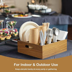 Acacia Wood Utensil Holder for Party, 6-Compartment Paper Plate and Silverware Organizer with Handles, Rustic Utensil Caddy for Parties, Outdoor Gatherings, and Kitchen Countertop Organization