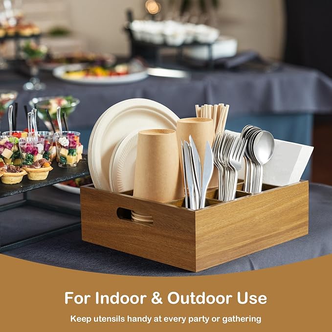 Acacia Wood Utensil Holder for Party, 6-Compartment Paper Plate and Silverware Organizer with Handles, Rustic Utensil Caddy for Parties, Outdoor Gatherings, and Kitchen Countertop Organization