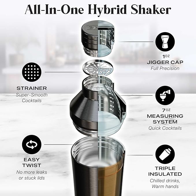 Insulated Cocktail Shaker Set | Double Wall Stainless Steel | Martini Shaker for Home Bar Bartending | Built-in Drink Measurement System & Strainer, Travel Bag, 35 Recipes | Gift Set (Slate Gray)