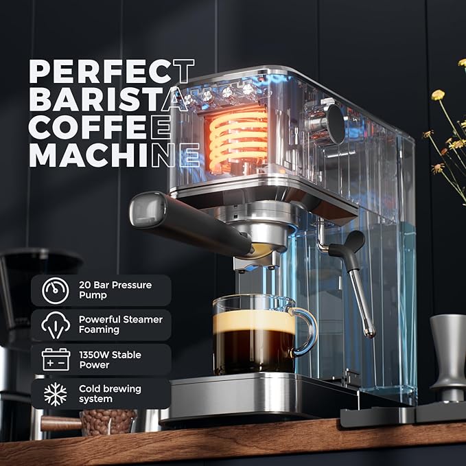 Espresso Machine - 20 Bar Coffee Maker with Milk Frother Steam Wand, Cold Brew Iced Coffee Maker, 1450W Semi-Automatic Coffee Machine with 34oz Water Tank for Latte
