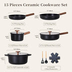 JEETEE Ceramic Cookware Set, 15 PCS Pots and Pans Set Non Stick with Removable Handles, Non Toxic Induction Kitchen Cookware Sets, Dishwasher/Oven Safe PFAS/PFOA Free Black