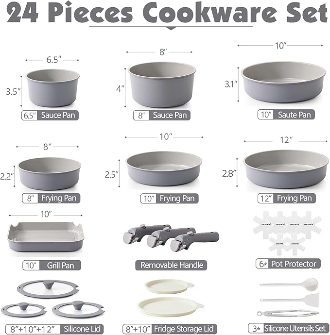 SENSARTE 24 Piece Ceramic Pots and Pans Set, Nonstick Detachable Handle Cookware, Induction Kitchen Cookware Set with Removable Handle, Healthy Non Stick for RV, Dishwasher＆Oven Safe, PFOA Free (Gray)