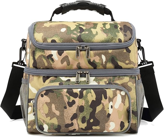 FlowFly Double Layer Cooler Insulated Lunch Bag Adult Lunch Box Large Tote Bag for Men, Women, With Adjustable Strap,Front Pocket and Dual Large Mesh Side Pockets
