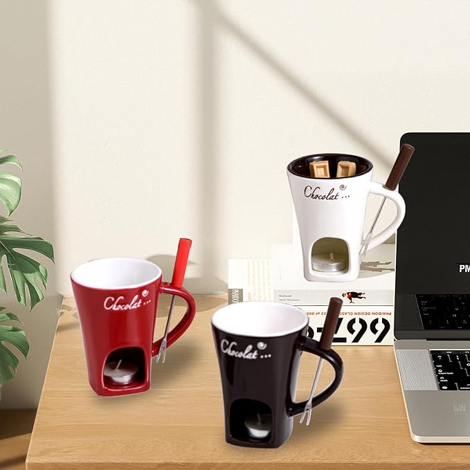 Chocolate Fondue Mug with Fork, Chocolate Fondue Cup, Personal Chocolate Melting Cup for Cheese, Ceramic Chocolate Melting Cup, Chocolate Melting Mug For Date Night Birthday Wedding Gifts (Black)