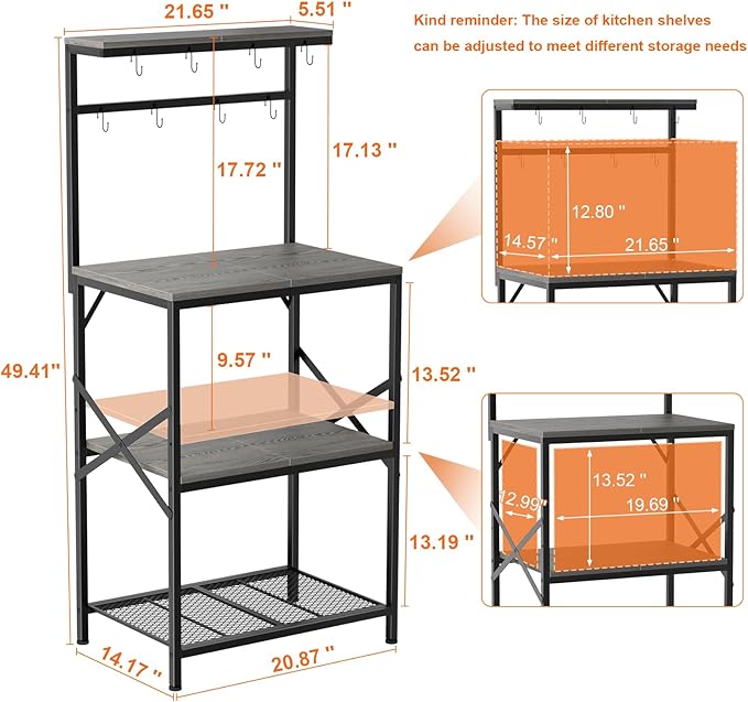 Kitchen Bakers Rack with Storage Shelves, Small Coffee Bar Cart with 8 Hooks, 4 Tiers Microwave Stand Station with Adjustable Shelves, Freestanding Kitchen Appliance Organizer, Black Oak