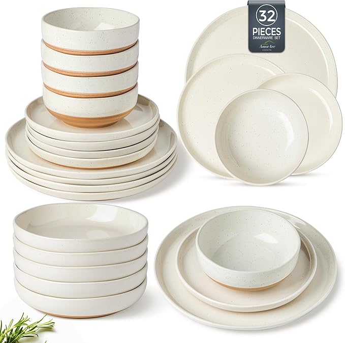 AmorArc Ceramic Dinnerware Sets with Pasta Bowls for 8, Handpainted Plates and Bowls Set with Rustic Terracotta Underside, Scratch Resistant Dishes Set, Dishwasher & Microwave Safe, 32 Pcs