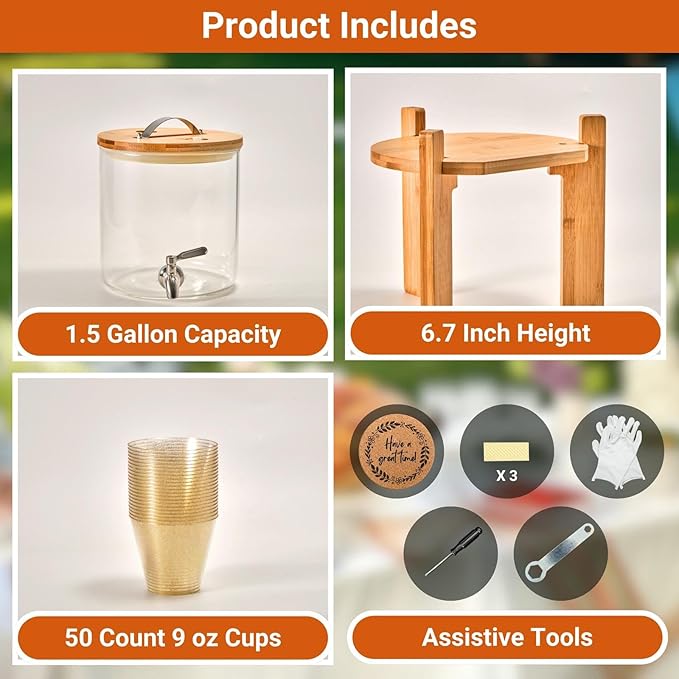 Glass Beverage Dispenser with Bamboo Stand and Lid, Iced 1.5 Gallon Drink Server with Spigot, Large Thick Glass Drink Dispenser for Parties, Hotels, Restaurants, with 9 oz 50 clear Gold Plastic Cups