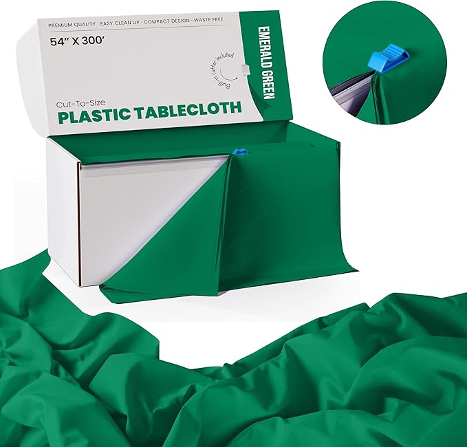 Exquisite Party Solids 54 Inch X 300 Feet Emerald Green Plastic Table Cover Roll in A Cut - to - Size Box with Convenient Slide Cutter. Cuts Up to 36 Rectangle 8 Feet Plastic Disposable Tablecloths