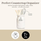 Young's Inc. Ceramic Utensil Holder for Countertop - Kitchen Crock with 3 Wooden Utensils - Large Organizer for Cooking Tools, Flatware, and More - Bee Thankful