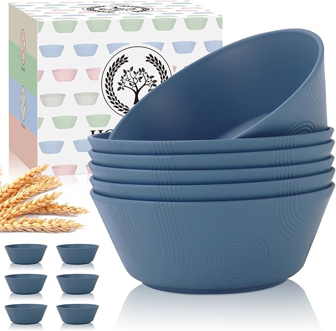 Homienly Wheat Straw Bowls - 36 Oz Soup Bowl Set 6 Unbreakable Dinnerware, Microwave and Dishwasher Safe Bowls, Alternative to Plastic Bowl Reusable, Bowls for Kitchen, Soup, Dinner, Pho(Navy Blue)