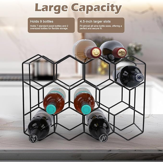 Black Wine Rack Countertop 14 Bottles, Geometric Stainless Steel Wine Bottle Holder,3 Tier Wine Racks for Cabinet Pantry Bar Table No Assembly Required