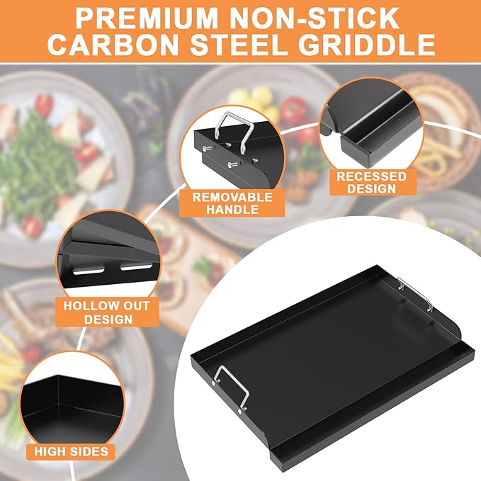 Universal Flat Top Griddle, Large Griddle Insert for Gas/Stove/Electric/Charcoal Grills, 25" x 16" Flat Skillet for Weber Nexgrill Camp Chef Charbroil Skillet Pan for Outdoor Grill, Carbon Steel, 1PC