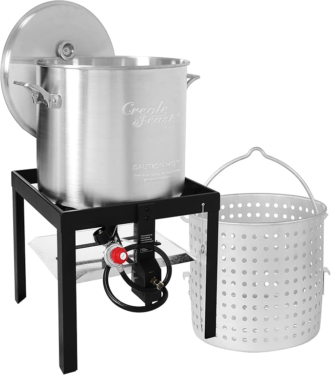 Creole Feast SBK0801 80 Qt Seafood Boiling Kit with Strainer, Outdoor Seafood Boil Pot and Basket with 100,000 BTUs Propane Burner and 10 PSI Regulator, Black & Silver