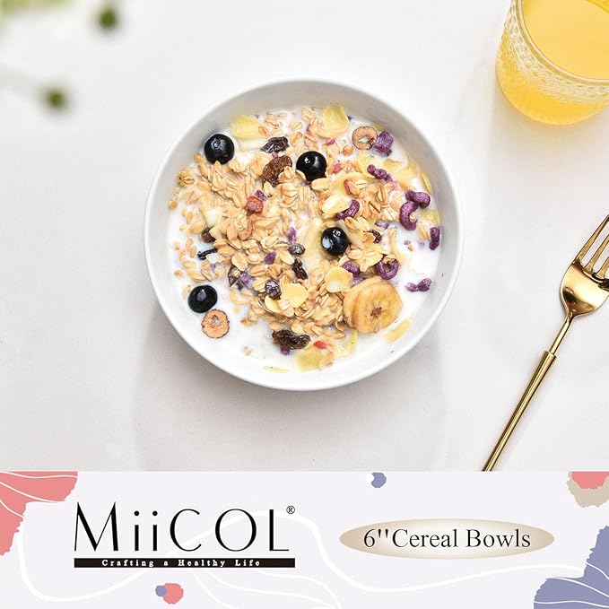 Miicol 6 Inch Ceramic Cereal Bowl, 20 oz White Small Bowls Set of 4, Tableware Suitable for Soup and Rice, Microwave and Dishwasher Safe