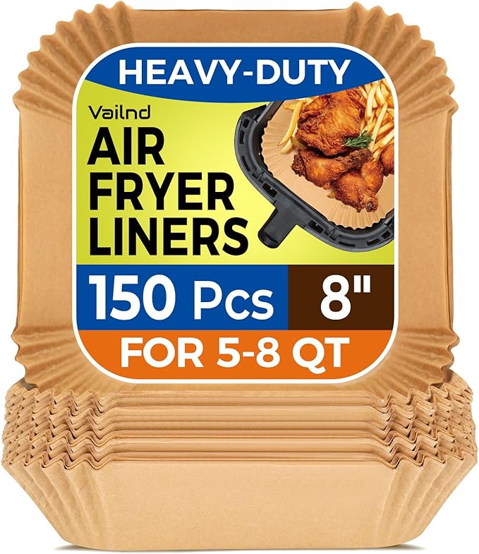 Vailnd Air Fryer Liners Disposable, 150 Pcs 8" Unbleached Parchment Paper Sheets Square, Heavy-duty Baking Paper Liner for Air Fryers Cooking Oven Steamer, Non-Stick, Grease-Resistant