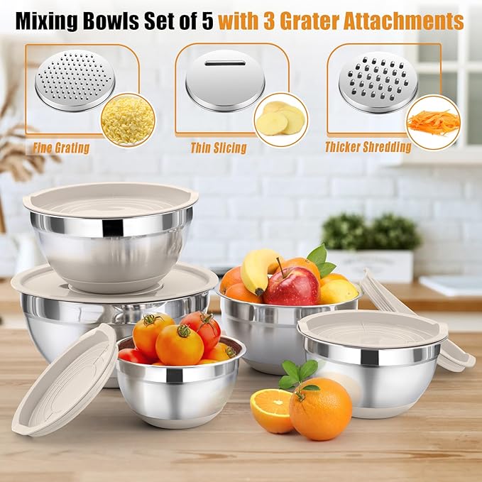 P&P CHEF Mixing Bowl with Lid Set, 5 Piece Stainless Steel Mixing Nesting Bowls for Salad Storage, 3 Grater Attachments & Non-Slip Bottoms, Size 1/1.5/2 / 2.6/4.6 QT, Khaki