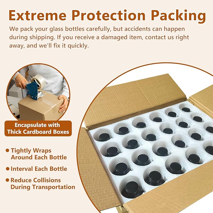 24 Pack 8oz Amber Glass Boston Round Bottles with Phenolic Polycone Caps – Airtight, Leak-Proof Brown Glass Containers for Kombucha Brewing, Storing Condiments, Essential Oils, and Homemade Solutions