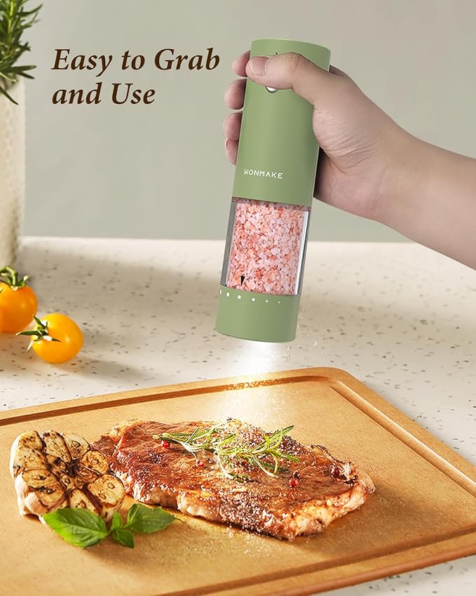 Electric Salt and Pepper Grinder Set - Automatic Refillable Salt and Pepper Grinders with Charging Base & LED Light, 6-Level Adjustable Coarseness with External Dial, Ideal Kitchen Gadget，Green