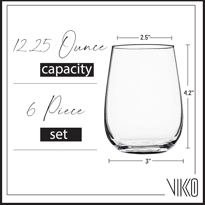 Vikko 12.25 Ounce Stemless Wine Glasses | – Dishwasher Safe – For Parties, Weddings, and Everyday – Great Gift Idea – Set of Six Stemless Wine Glass Tumblers