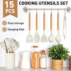 LIANYU 15 PCS Silicone Kitchen Utensils Set with Holder, Cooking Utensils set for Nonstick Cookware, Heat Resistant & Non Toxic Spatula Ladle Tong, White