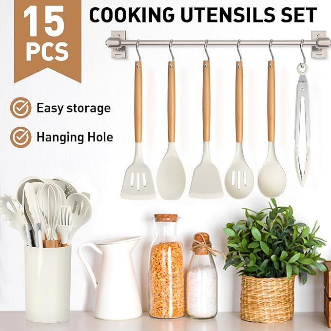 LIANYU 15 PCS Silicone Kitchen Utensils Set with Holder, Cooking Utensils set for Nonstick Cookware, Heat Resistant & Non Toxic Spatula Ladle Tong, White