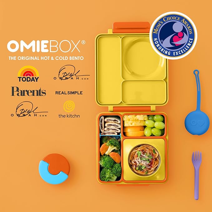 OmieBox Bento Box for Kids - Insulated Bento Lunch Box with Leak Proof Vacuum Insulated Food Jar - 3 Compartments, Two Temperature Zones (Sunshine)