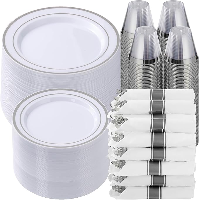 Goodluck 700 Piece Silver Plastic Dinnerware Set for 100 Guests, Disposable Plates for Party, Include: 100 Dinner Plates, 100 Dessert Plates, 100 Pre Rolled Napkins with Silverware, 100 Cups