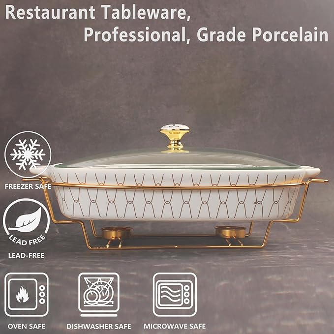 9" x 6" Ceramic Casserole Dish with Glass Lid and Rack, 30 ounce Serving Soup Tureen,Chafing Dish for Buffet, Family Food preserve Tray, Catering Casserole for Party Style, White