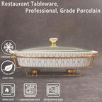 10" x 7" Ceramic Casserole Dish with Glass Lid and Rack, 40 ounce Serving Soup Tureen,Chafing Dish for Buffet, Family Food preserve Tray, Catering Casserole for Party Style, White