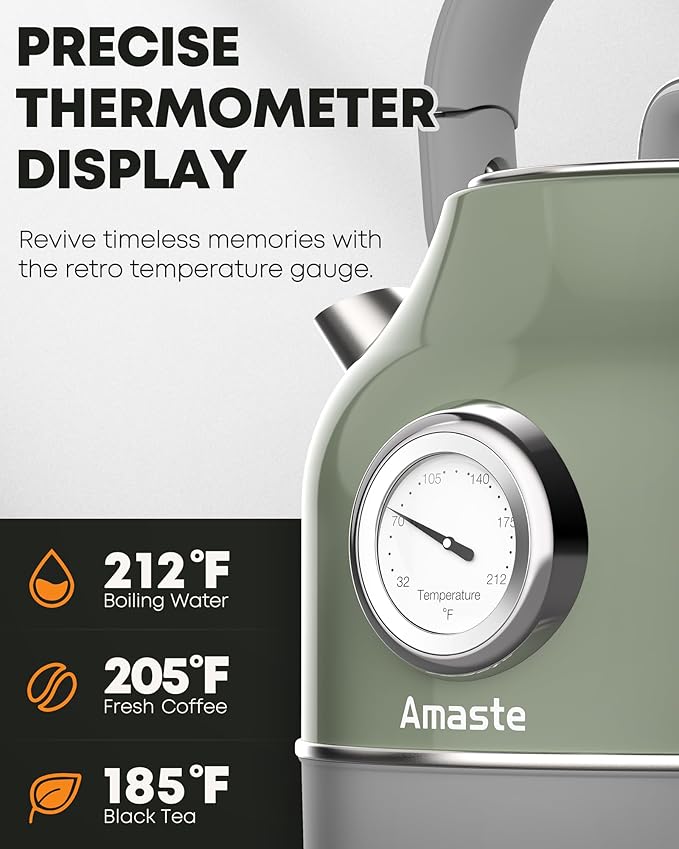Amaste Electric Kettle, Retro Electric Tea Kettle with Thermometer, 57 Oz Hot Water Kettle for Coffee & Tea, 304 Stainless Steel, 1500W Fast Boiling, Auto Shut-Off & Boil Dry Protection, Matcha Green