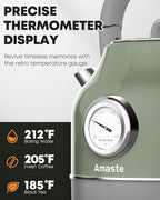 Amaste Electric Kettle, Retro Electric Tea Kettle with Thermometer, 57 Oz Hot Water Kettle for Coffee & Tea, 304 Stainless Steel, 1500W Fast Boiling, Auto Shut-Off & Boil Dry Protection, Matcha Green