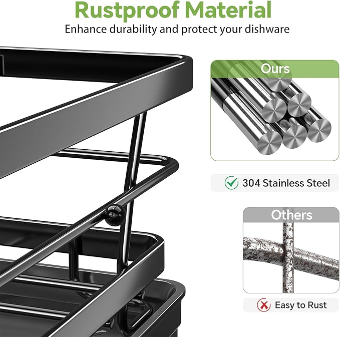 Dish Drainer, Anti-Rust Dish Rack for Kitchen Counter, Large-Capacity Dish Drying Rack with Cutlery & Cup Holder, 12" D x 15" L, Stainless Steel, Black