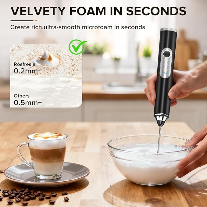 Milk Frother Handheld, 3-Speed Frother Wand USB-C Rechargeable, with 3 Detachable Whisks, Coffee Frother for Coffee,Latte, Cappuccino, Matcha, Hot Chocolate & Eggs, Electric Whisk Drink Mixer (Black)