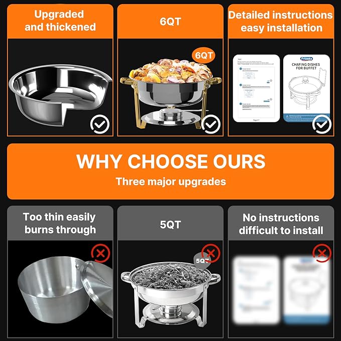 Chafing Dishes for Buffet 6 Pack, 6QT Round Chafing Dish Buffet Set Stainless Steel Buffet Food Warmers Sets for Catering Events Parties Dinners with Complete Set,Gold and Silver
