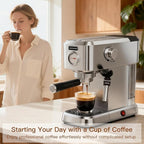 MEGAWISE Espresso Machine 20 Bar, Compact Stainless Steel Coffee Maker with Steam Milk Frother & Removable Tank for Cappuccino, Latte - Silver