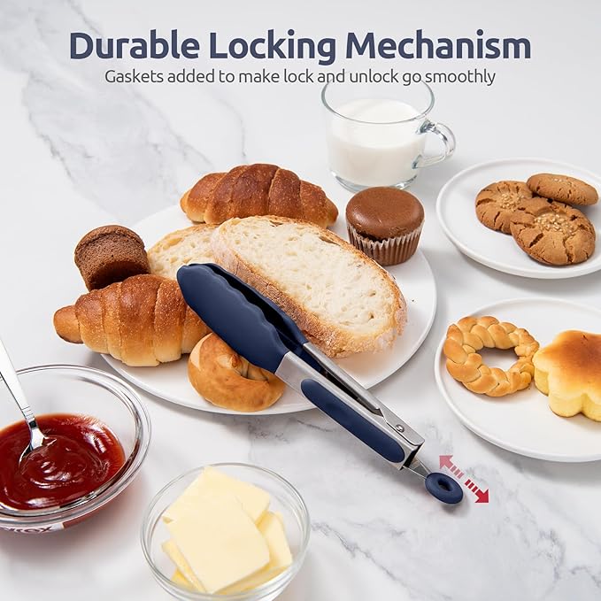 600ºF Heat Proof Kitchen Tong: U-Taste 7" Silicone Cooking Tong with Firm Sealed Non Stick Rubber Tips & Silicon Coated 18/8 Stainless Steel Handle & Smooth Locking for Serving Salad (Midnight Blue)