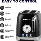 CUSIMAX Toaster 2 Slice with Extra Wide Slots for Bagels, Stainless Steel Toaster with 6 Toast Settings and 4 Functions, Bagel, Cancel, Defrost & Reheat, Removable Crumb Tray, Retro Toaster Black