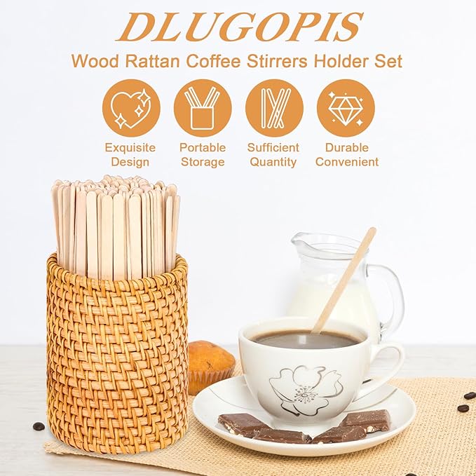 100 Pcs Wood Rattan Coffee Stirrers Holder Set Coffee Stir Sticks Wood Cocktail Stirrers Disposable Beverage Stirrer Sticks 5 Inch Stirring Sticks For Coffee Bar Home Counter Hot or Cold Drinks Tea