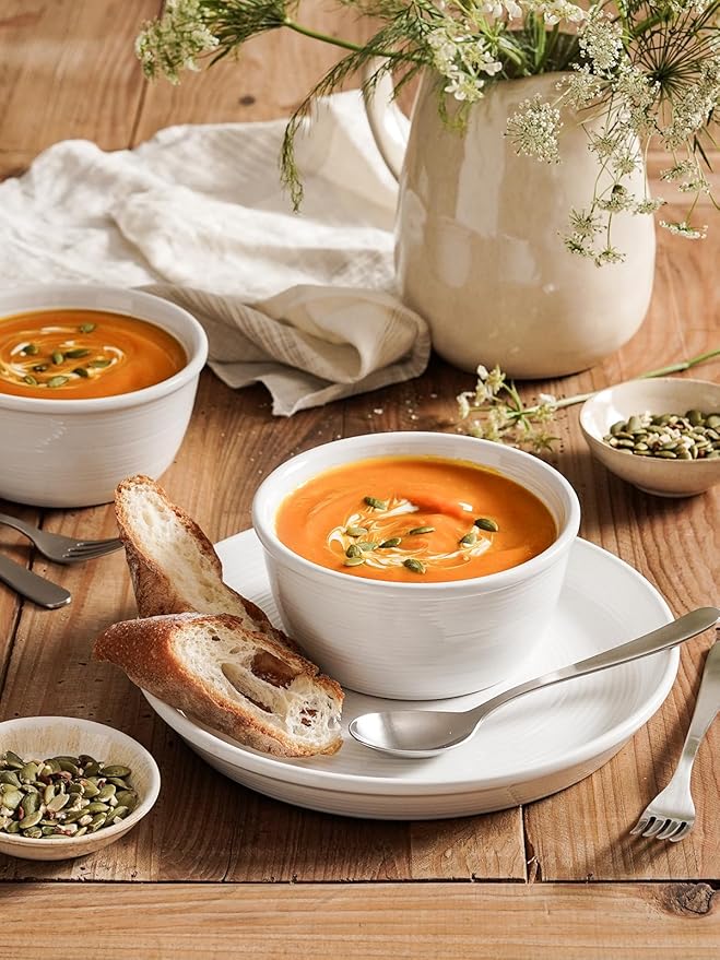 LE TAUCI Dishes Set with Mugs for 4, Stoneware Plates and Bowls Set, 10" Dinner & 8" Salad Plates, 6" Bowls, 18 oz Cups, Stackable, Microwave & Dishwasher Safe Ceramic Dinnerware, 16-Piece, White