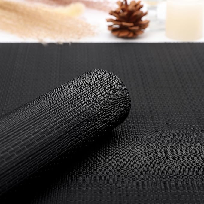 Myir JUN Placemats Set of 8, Vinyl Woven Placemats Place Mats Indoor Set of 8 Washable Table Mats Non-Slip Place mats for Dining Table (Black, Set of 8)