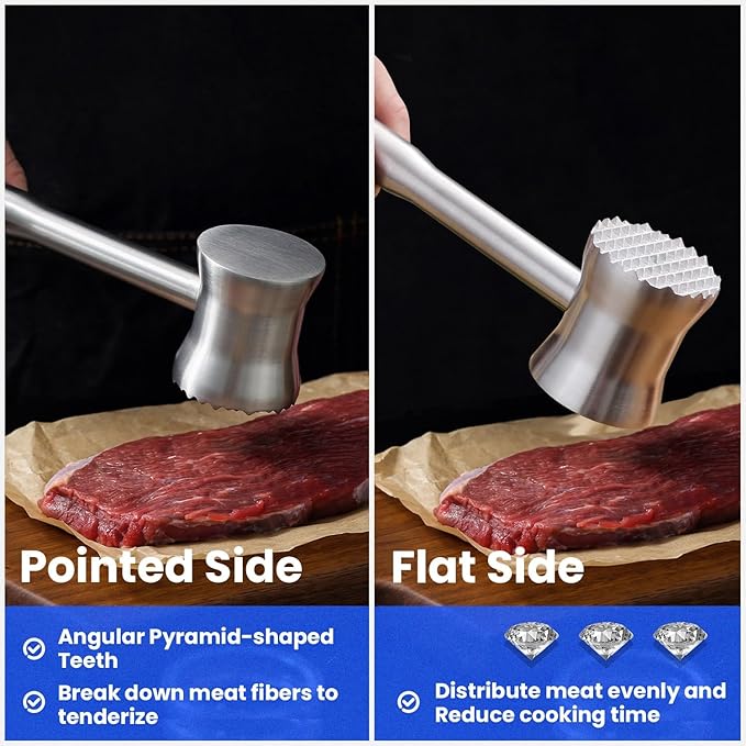 304 Stainless Steel Meat Tenderizer Mallet, Dual Side Meat Hammer Chicken Pounder, Heavy Duty Meat Beater for Steak and Beef, Meat Pounder Kitchen Cooking Mallet Dishwasher Safe