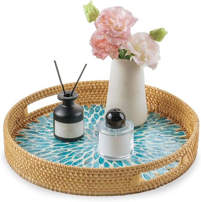 13.8 in Round Rattan Serving Tray with Handle, Mother of Pearl Inlay Wooden Base, Decorative Wicker for Table, Kitchen Island & Home Decor (Blue Leaf)