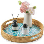 13.8 in Round Rattan Serving Tray with Handle, Mother of Pearl Inlay Wooden Base, Decorative Wicker for Table, Kitchen Island & Home Decor (Blue Leaf)