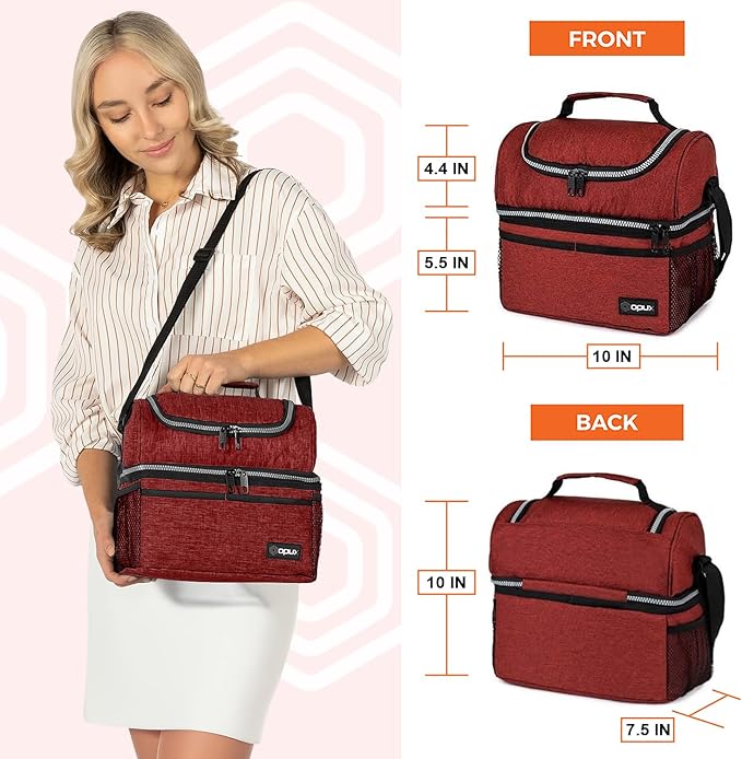 OPUX Lunch Box For Men Women, Insulated Large Lunch Bag Adult Work, Double Decker Lunchbox Meal Prep, Dual Compartment Leakproof Lunch Cooler, Soft Lunch Pail Tote Boys Girls Kids School, Red 16 Cans