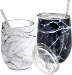 THILY Vacuum Insulated Stemless Wine Tumbler 12 oz Stainless Steel Wine Glass with Lid and Straw, Keep Drinks Cold or Hot, Christmas Birthday Gift, 2 Pack(White Marble + Black Marble)